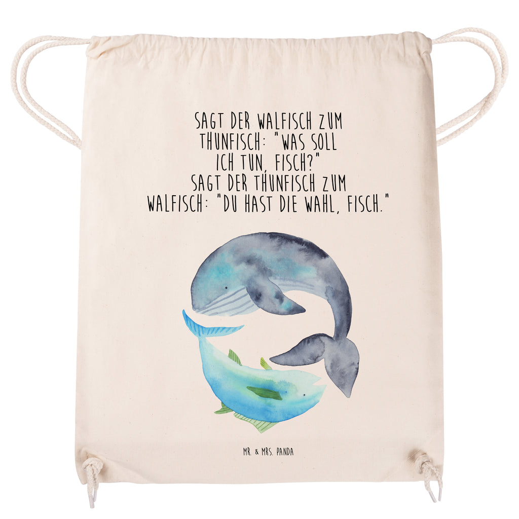 Sportbeutel Walfisch & Thunfisch Turnbeutel, Beutel, Sporttasche, Tasche, Stoffbeutel, Tiermotive, Gute Laune, lustige Sprüche, Tiere, Wal, Wahl, Tunfisch, Wortwitz lustig, Spruch lustig, Flachwitz, Witz, Spruch des Tages, Flachwitz Geschenk