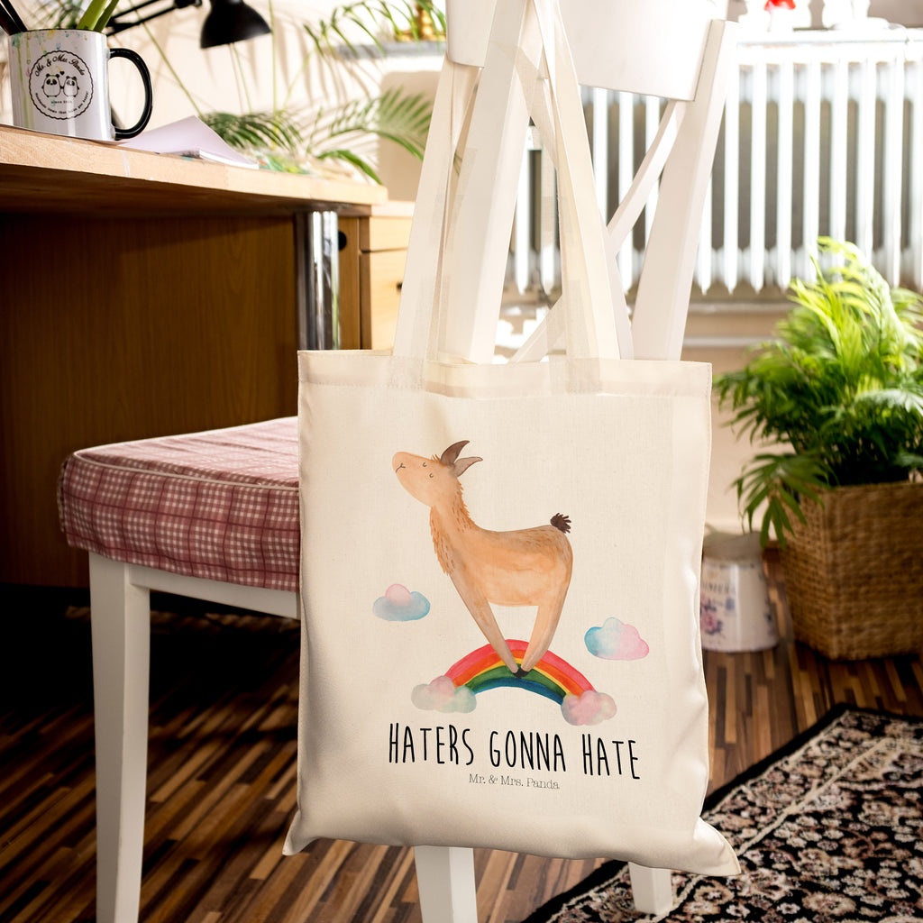 Tragetasche Lama Regenbogen Beuteltasche, Beutel, Einkaufstasche, Jutebeutel, Stoffbeutel, Lama, Alpaka, Lamas, Regenbogen, Haters gonna hate, Haters, Selbstständig, Außenseiter, Schule, Abi, Hobby, Wolkenland, Freiheit