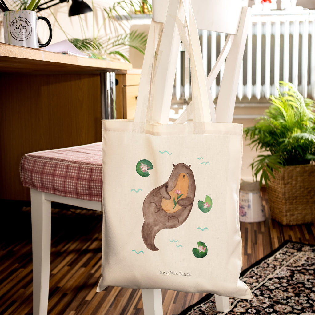 Tragetasche Otter mit Seerose Beuteltasche, Beutel, Einkaufstasche, Jutebeutel, Stoffbeutel, Otter, Fischotter, Seeotter, Otter Seeotter See Otter