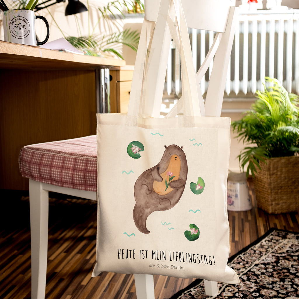 Tragetasche Otter mit Seerose Beuteltasche, Beutel, Einkaufstasche, Jutebeutel, Stoffbeutel, Otter, Fischotter, Seeotter, Otter Seeotter See Otter