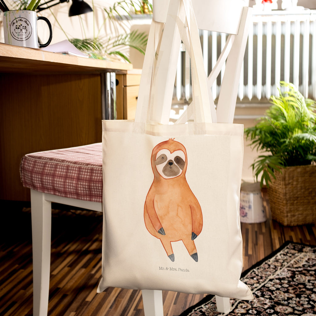 Tragetasche Faultier Zufrieden Beuteltasche, Beutel, Einkaufstasche, Jutebeutel, Stoffbeutel, Faultier, Faultier Geschenk, Faultier Deko, Faultiere, faul, Lieblingstier, Pause, relaxen, Glück, glücklich, zufrieden, happy, Zufriedenheit, Gelassenheit, Ruhe, Frieden