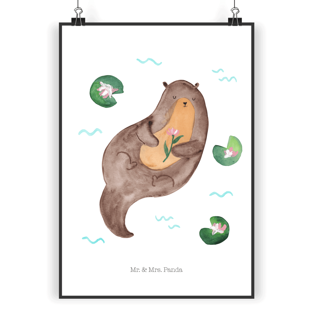 Poster Otter mit Seerose Poster, Wandposter, Bild, Wanddeko, Küchenposter, Kinderposter, Wanddeko Bild, Raumdekoration, Wanddekoration, Handgemaltes Poster, Mr. & Mrs. Panda Poster, Designposter, Kunstdruck, Posterdruck, Otter, Fischotter, Seeotter, Otter Seeotter See Otter