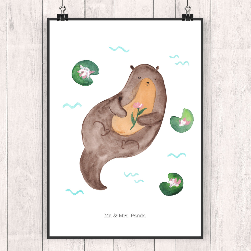 Poster Otter mit Seerose Poster, Wandposter, Bild, Wanddeko, Küchenposter, Kinderposter, Wanddeko Bild, Raumdekoration, Wanddekoration, Handgemaltes Poster, Mr. & Mrs. Panda Poster, Designposter, Kunstdruck, Posterdruck, Otter, Fischotter, Seeotter, Otter Seeotter See Otter