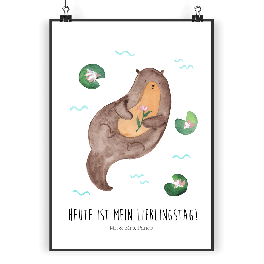 Poster Otter mit Seerose Poster, Wandposter, Bild, Wanddeko, Küchenposter, Kinderposter, Wanddeko Bild, Raumdekoration, Wanddekoration, Handgemaltes Poster, Mr. & Mrs. Panda Poster, Designposter, Kunstdruck, Posterdruck, Otter, Fischotter, Seeotter, Otter Seeotter See Otter