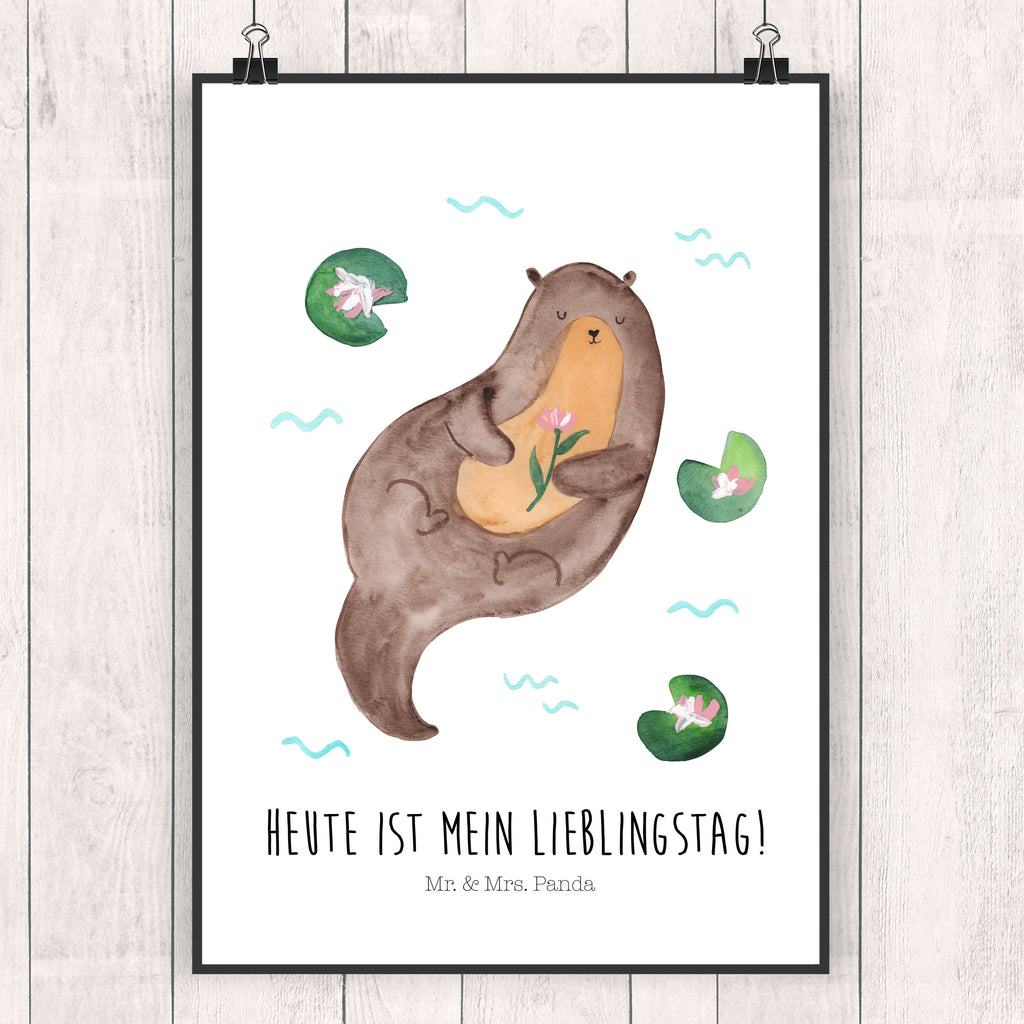 Poster Otter mit Seerose Poster, Wandposter, Bild, Wanddeko, Küchenposter, Kinderposter, Wanddeko Bild, Raumdekoration, Wanddekoration, Handgemaltes Poster, Mr. & Mrs. Panda Poster, Designposter, Kunstdruck, Posterdruck, Otter, Fischotter, Seeotter, Otter Seeotter See Otter