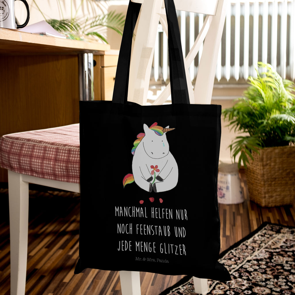 Tragetasche Einhorn Traurig Beuteltasche, Beutel, Einkaufstasche, Jutebeutel, Stoffbeutel, Einhorn, Einhörner, Einhorn Deko, Pegasus, Unicorn, Glitzer, Trösten. Freundschaft, Freunde, Liebe, Trauer, Grußkarte, Blume