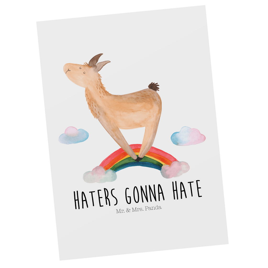 Postkarte Lama Regenbogen Geschenkkarte, Grußkarte, Karte, Einladung, Ansichtskarte, Geburtstagskarte, Einladungskarte, Dankeskarte, Lama, Alpaka, Lamas, Regenbogen, Haters gonna hate, Haters, Selbstständig, Außenseiter, Schule, Abi, Hobby, Wolkenland, Freiheit