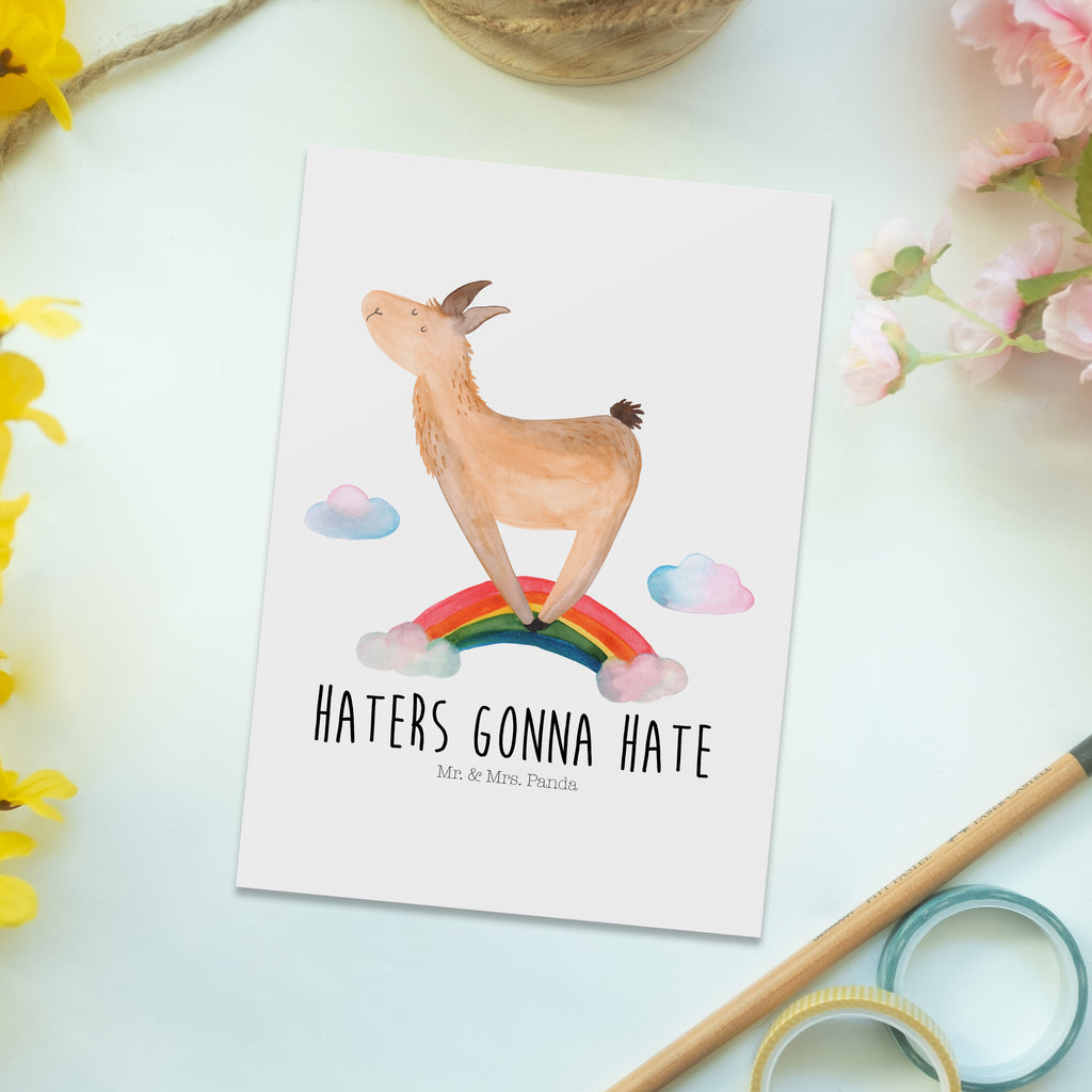 Postkarte Lama Regenbogen Geschenkkarte, Grußkarte, Karte, Einladung, Ansichtskarte, Geburtstagskarte, Einladungskarte, Dankeskarte, Lama, Alpaka, Lamas, Regenbogen, Haters gonna hate, Haters, Selbstständig, Außenseiter, Schule, Abi, Hobby, Wolkenland, Freiheit