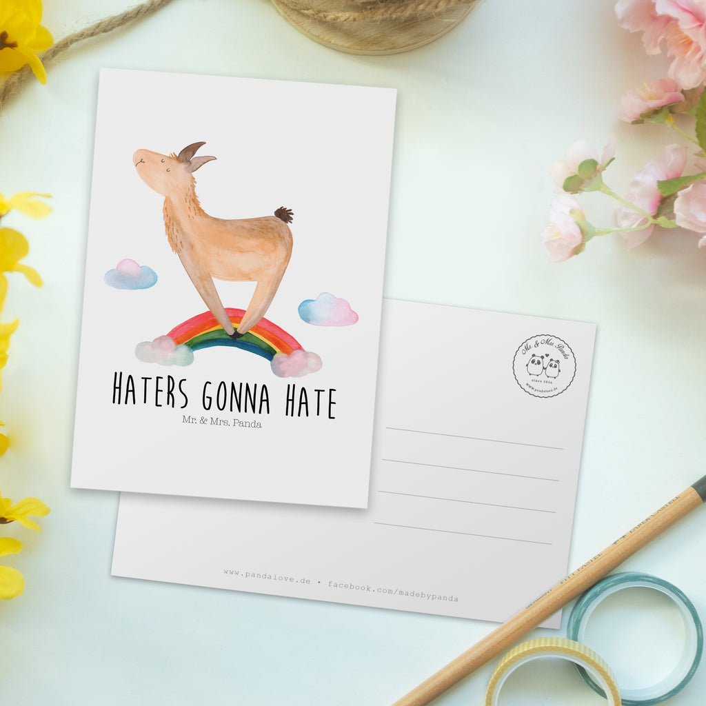 Postkarte Lama Regenbogen Geschenkkarte, Grußkarte, Karte, Einladung, Ansichtskarte, Geburtstagskarte, Einladungskarte, Dankeskarte, Lama, Alpaka, Lamas, Regenbogen, Haters gonna hate, Haters, Selbstständig, Außenseiter, Schule, Abi, Hobby, Wolkenland, Freiheit