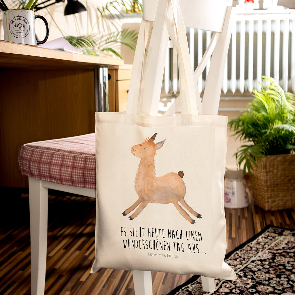 Tragetasche Lama springend Beuteltasche, Beutel, Einkaufstasche, Jutebeutel, Stoffbeutel, Lama, Alpaka, Lamas, Lieblingstag, Happy day, fröhlich, Glück, Freundin, Liebeskummer, Neustart, guten Morgen, Start, Prüfung, Abitur
