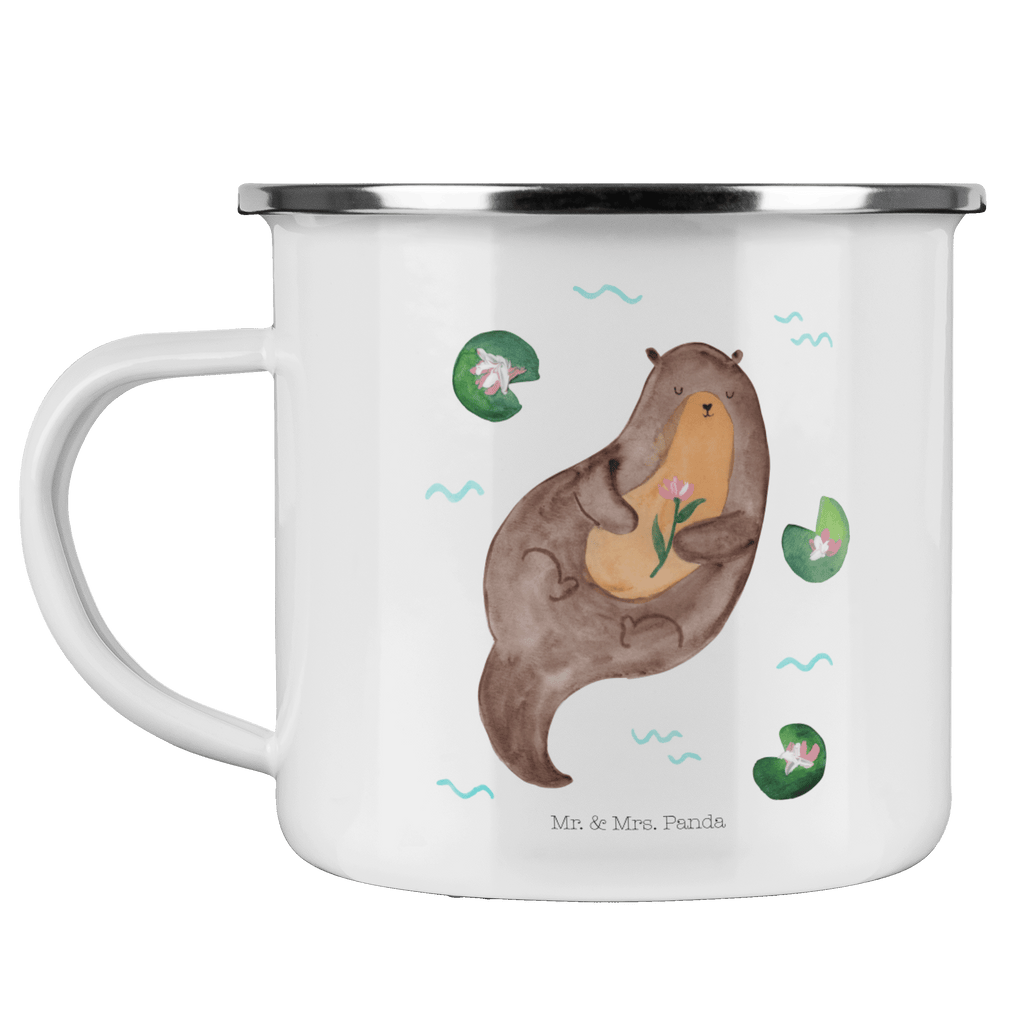 Camping Emaille Tasse Otter mit Seerose Campingtasse, Trinkbecher, Metalltasse, Outdoor Tasse, Emaille Trinkbecher, Blechtasse Outdoor, Emaille Campingbecher, Edelstahl Trinkbecher, Metalltasse für Camping, Kaffee Blechtasse, Camping Tasse Metall, Otter, Fischotter, Seeotter, Otter Seeotter See Otter