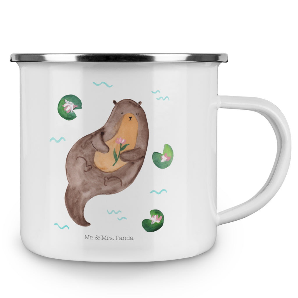 Camping Emaille Tasse Otter mit Seerose Campingtasse, Trinkbecher, Metalltasse, Outdoor Tasse, Emaille Trinkbecher, Blechtasse Outdoor, Emaille Campingbecher, Edelstahl Trinkbecher, Metalltasse für Camping, Kaffee Blechtasse, Camping Tasse Metall, Otter, Fischotter, Seeotter, Otter Seeotter See Otter