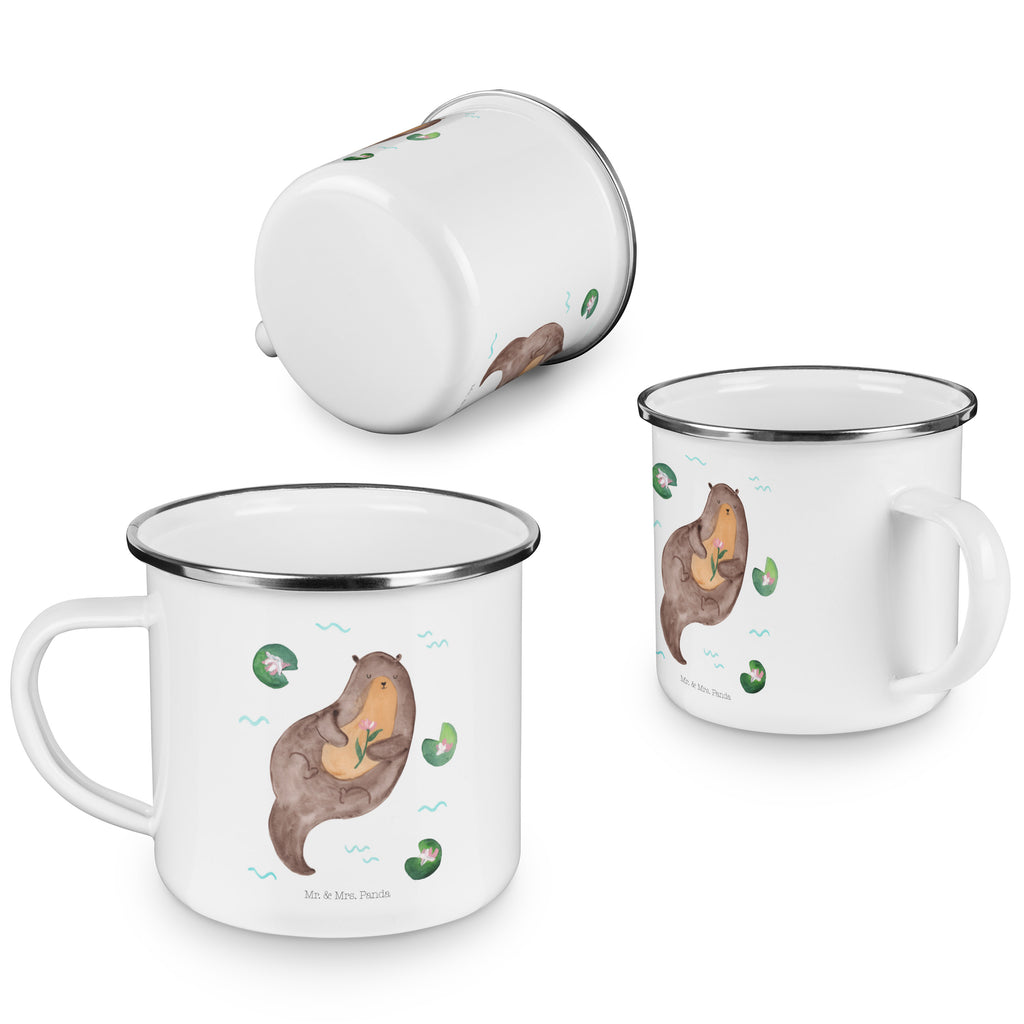 Camping Emaille Tasse Otter mit Seerose Campingtasse, Trinkbecher, Metalltasse, Outdoor Tasse, Emaille Trinkbecher, Blechtasse Outdoor, Emaille Campingbecher, Edelstahl Trinkbecher, Metalltasse für Camping, Kaffee Blechtasse, Camping Tasse Metall, Otter, Fischotter, Seeotter, Otter Seeotter See Otter