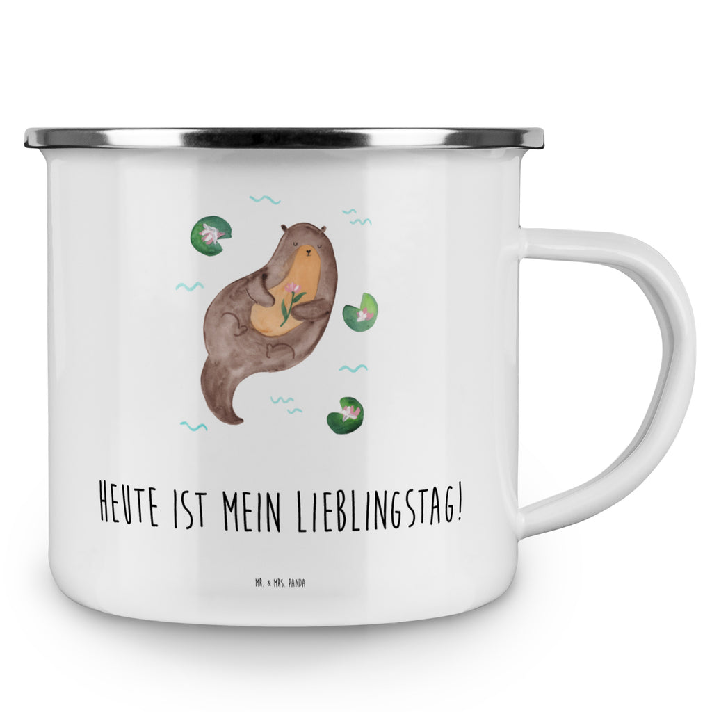 Camping Emaille Tasse Otter mit Seerose Campingtasse, Trinkbecher, Metalltasse, Outdoor Tasse, Emaille Trinkbecher, Blechtasse Outdoor, Emaille Campingbecher, Edelstahl Trinkbecher, Metalltasse für Camping, Kaffee Blechtasse, Camping Tasse Metall, Otter, Fischotter, Seeotter, Otter Seeotter See Otter