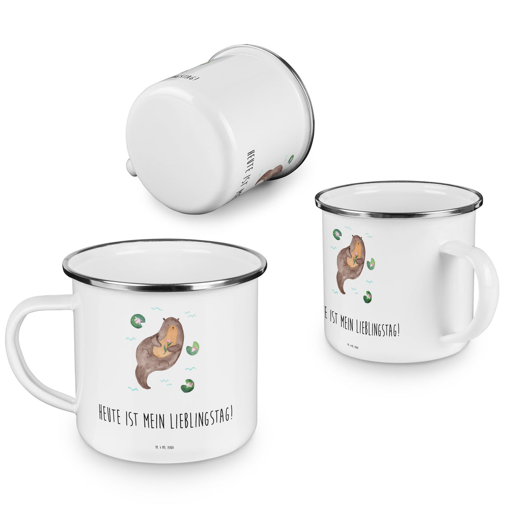 Camping Emaille Tasse Otter mit Seerose Campingtasse, Trinkbecher, Metalltasse, Outdoor Tasse, Emaille Trinkbecher, Blechtasse Outdoor, Emaille Campingbecher, Edelstahl Trinkbecher, Metalltasse für Camping, Kaffee Blechtasse, Camping Tasse Metall, Otter, Fischotter, Seeotter, Otter Seeotter See Otter