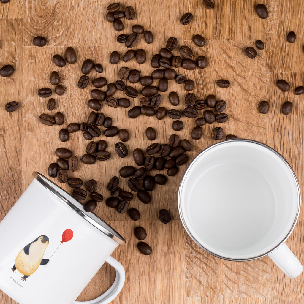 Camping Emaille Tasse Pinguin Luftballon Campingtasse, Trinkbecher, Metalltasse, Outdoor Tasse, Emaille Trinkbecher, Blechtasse Outdoor, Emaille Campingbecher, Edelstahl Trinkbecher, Metalltasse für Camping, Kaffee Blechtasse, Camping Tasse Metall, Pinguin, Pinguine, Luftballon, Tagträume, Lebenslust, Geschenk Freundin, Geschenkidee, beste Freundin, Motivation, Neustart, neues Leben, Liebe, Glück