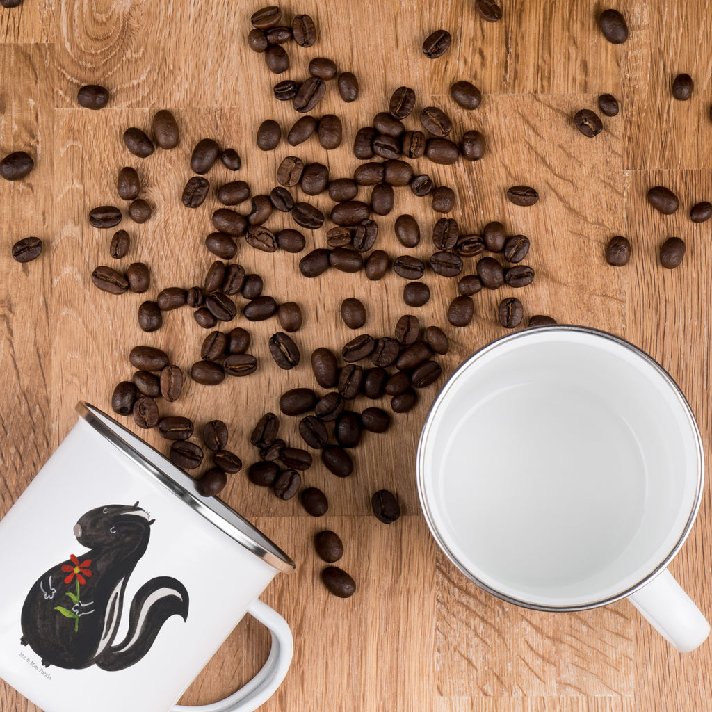 Camping Emaille Tasse Stinktier Blume Campingtasse, Trinkbecher, Metalltasse, Outdoor Tasse, Emaille Trinkbecher, Blechtasse Outdoor, Emaille Campingbecher, Edelstahl Trinkbecher, Metalltasse für Camping, Kaffee Blechtasse, Camping Tasse Metall, Stinktier, Skunk, Wildtier, Raubtier, Stinker, Stinki, Tagträumer, verträumt, Dreams, Träume