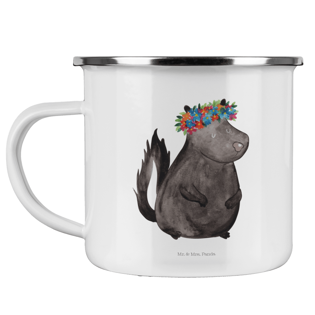 Camping Emaille Tasse Stinktier Blumenmaedchen Campingtasse, Trinkbecher, Metalltasse, Outdoor Tasse, Emaille Trinkbecher, Blechtasse Outdoor, Emaille Campingbecher, Edelstahl Trinkbecher, Metalltasse für Camping, Kaffee Blechtasse, Camping Tasse Metall, Stinktier, Skunk, Wildtier, Raubtier, Stinker, Stinki, Yoga, Namaste, Lebe, Liebe, Lache