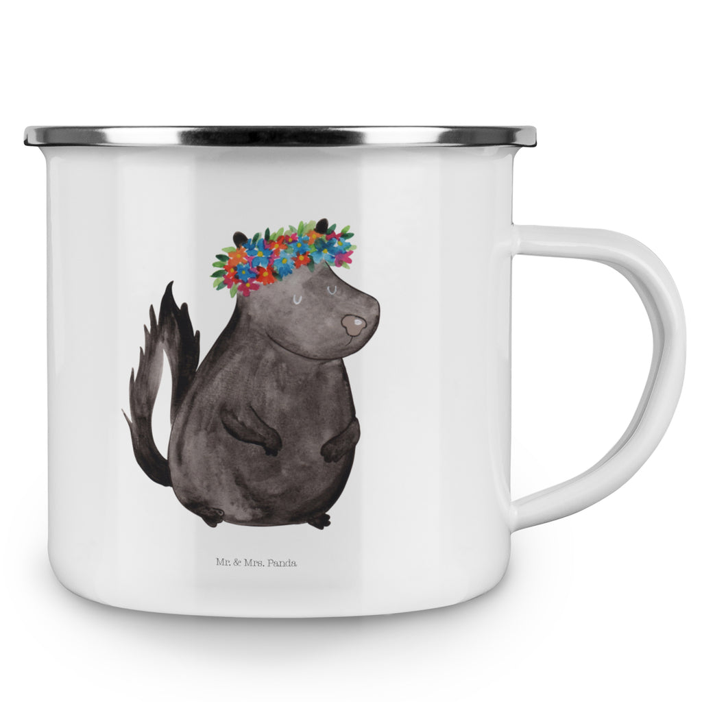 Camping Emaille Tasse Stinktier Blumenmaedchen Campingtasse, Trinkbecher, Metalltasse, Outdoor Tasse, Emaille Trinkbecher, Blechtasse Outdoor, Emaille Campingbecher, Edelstahl Trinkbecher, Metalltasse für Camping, Kaffee Blechtasse, Camping Tasse Metall, Stinktier, Skunk, Wildtier, Raubtier, Stinker, Stinki, Yoga, Namaste, Lebe, Liebe, Lache