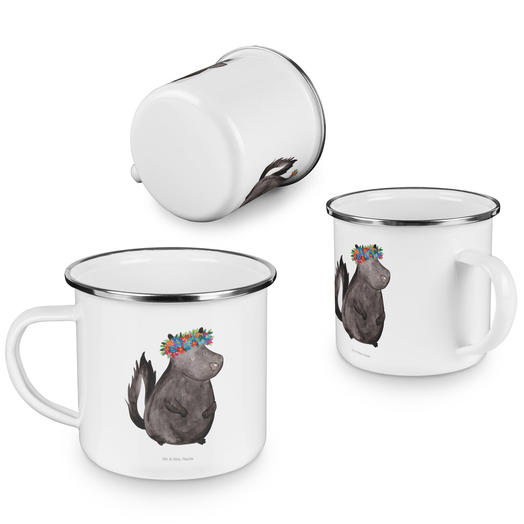 Camping Emaille Tasse Stinktier Blumenmaedchen Campingtasse, Trinkbecher, Metalltasse, Outdoor Tasse, Emaille Trinkbecher, Blechtasse Outdoor, Emaille Campingbecher, Edelstahl Trinkbecher, Metalltasse für Camping, Kaffee Blechtasse, Camping Tasse Metall, Stinktier, Skunk, Wildtier, Raubtier, Stinker, Stinki, Yoga, Namaste, Lebe, Liebe, Lache