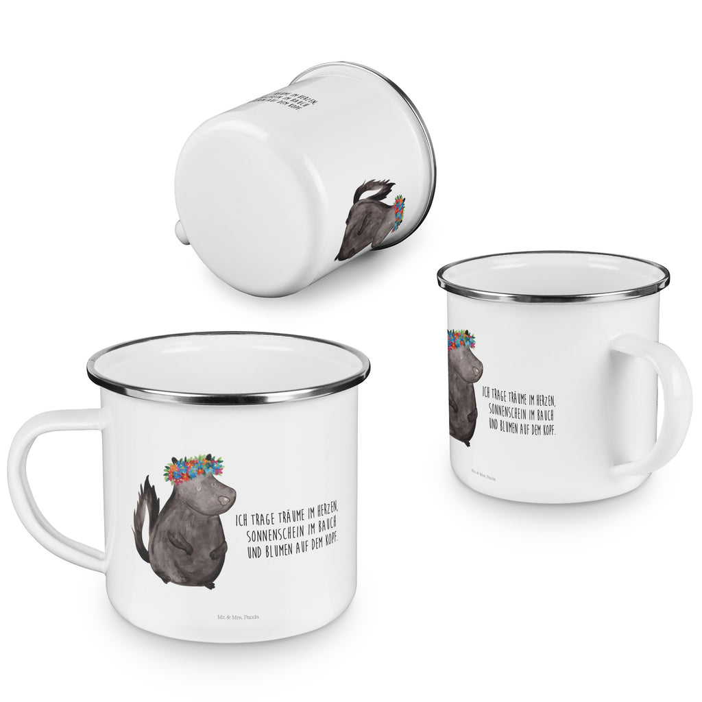 Camping Emaille Tasse Stinktier Blumenmaedchen Campingtasse, Trinkbecher, Metalltasse, Outdoor Tasse, Emaille Trinkbecher, Blechtasse Outdoor, Emaille Campingbecher, Edelstahl Trinkbecher, Metalltasse für Camping, Kaffee Blechtasse, Camping Tasse Metall, Stinktier, Skunk, Wildtier, Raubtier, Stinker, Stinki, Yoga, Namaste, Lebe, Liebe, Lache