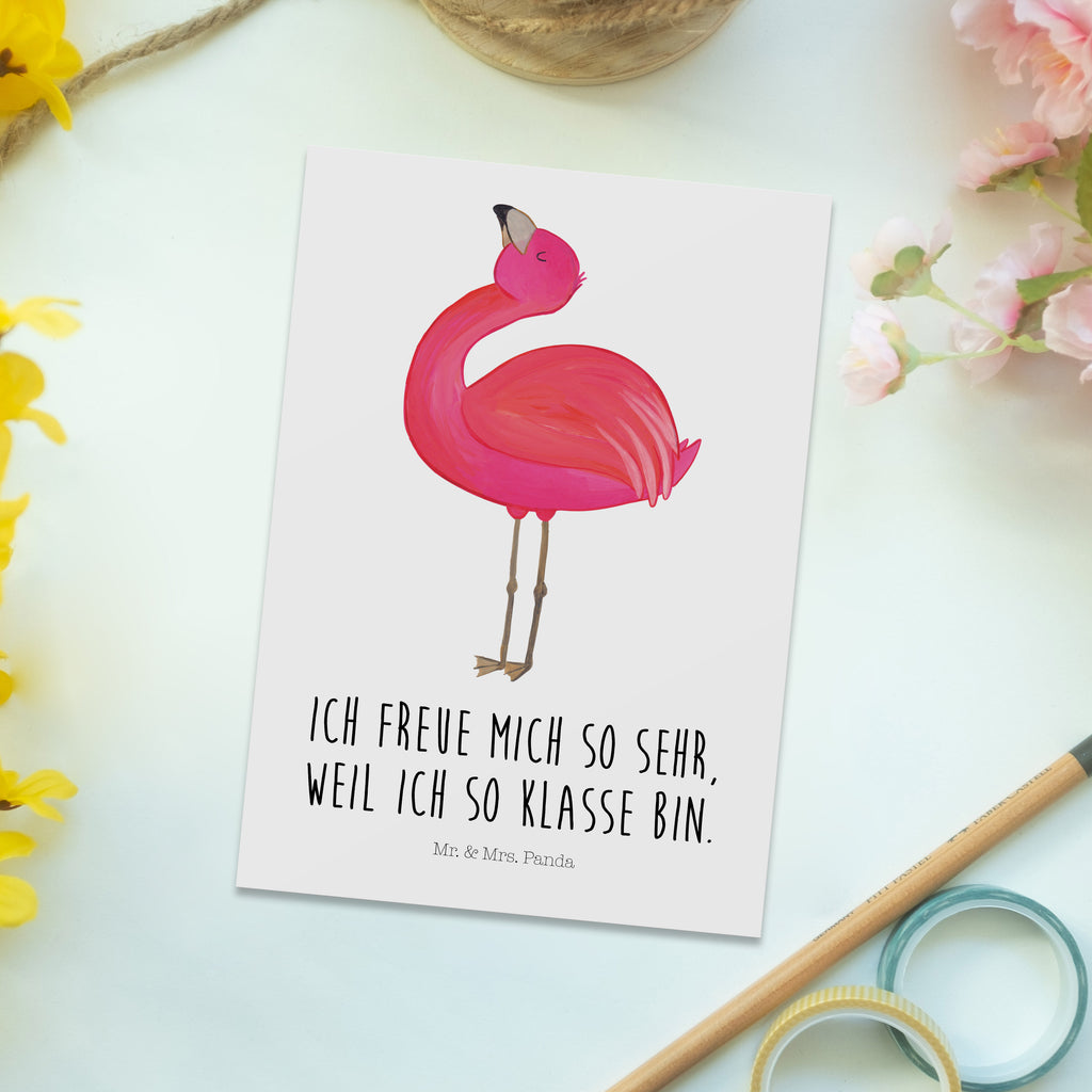 Postkarte Flamingo stolz Geschenkkarte, Grußkarte, Karte, Einladung, Ansichtskarte, Geburtstagskarte, Einladungskarte, Flamingo, stolz, Freude, Selbstliebe, Selbstakzeptanz, Freundin, beste Freundin, Tochter, Mama, Schwester
