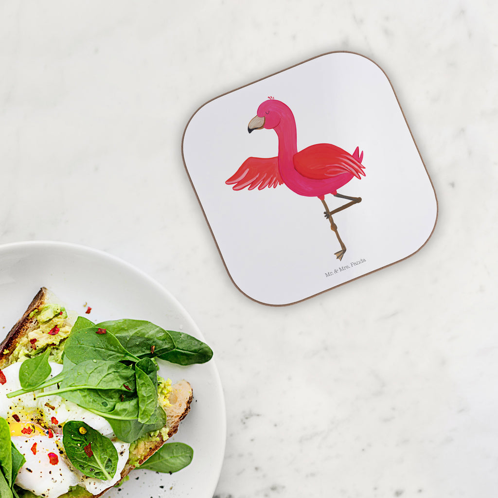 Quadratische Untersetzer Flamingo Yoga Bierdeckel, Glasuntersetzer, Untersetzer Gläser, Getränkeuntersetzer, Flamingo, Vogel, Yoga, Namaste, Achtsamkeit, Yoga-Übung, Entspannung, Ärger, Aufregen, Tiefenentspannung