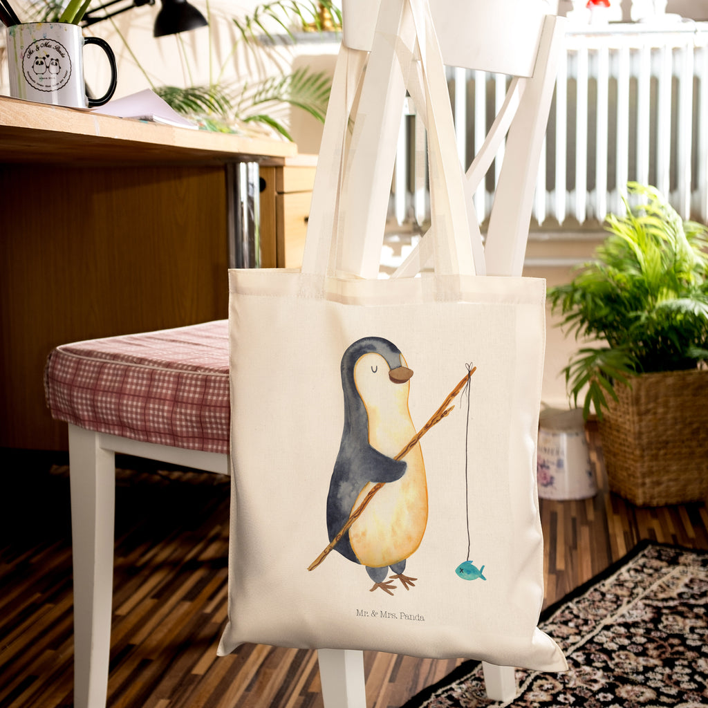Tragetasche Pinguin Angler Beuteltasche, Beutel, Einkaufstasche, Jutebeutel, Stoffbeutel, Pinguin, Pinguine, Angeln, Angler, Tagträume, Hobby, Plan, Planer, Tagesplan, Neustart, Motivation, Geschenk, Freundinnen, Geschenkidee, Urlaub, Wochenende