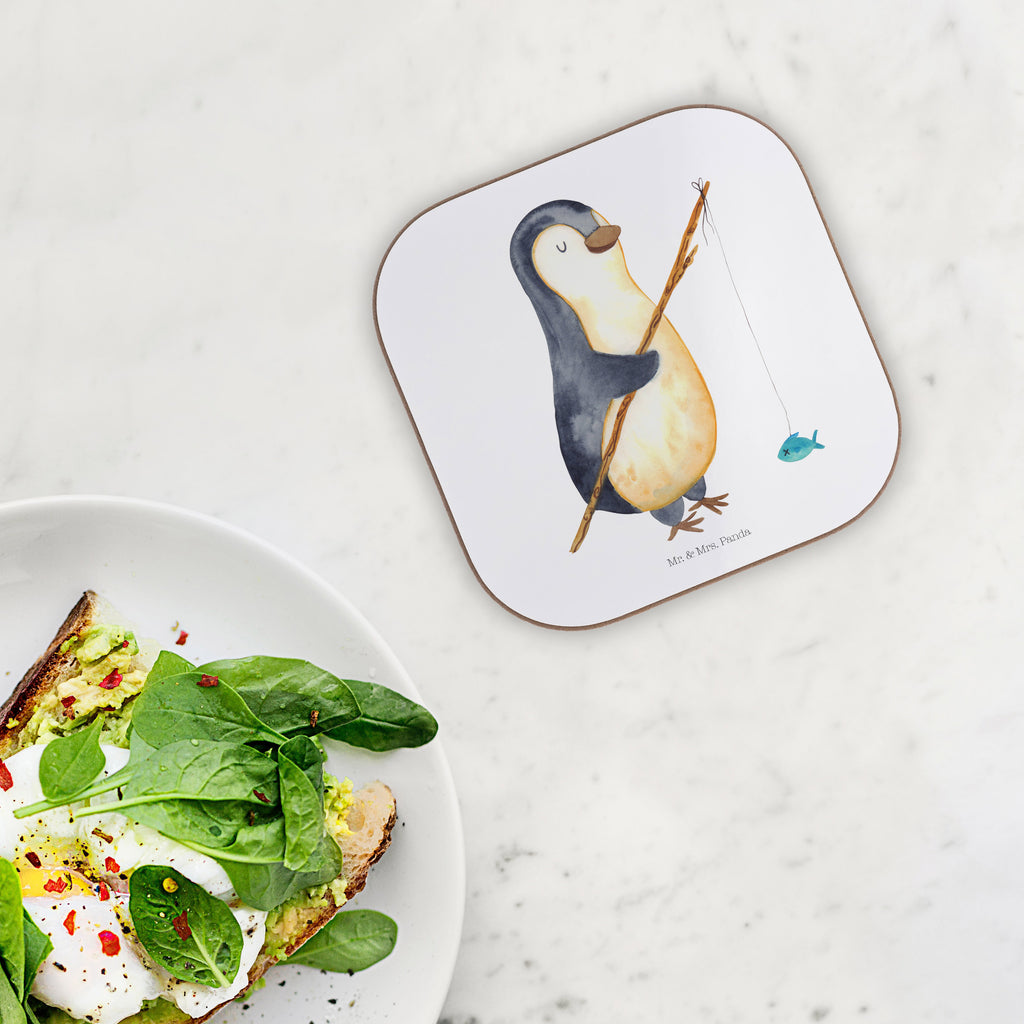 Quadratische Untersetzer Pinguin Angler Bierdeckel, Glasuntersetzer, Untersetzer Gläser, Getränkeuntersetzer, Pinguin, Pinguine, Angeln, Angler, Tagträume, Hobby, Plan, Planer, Tagesplan, Neustart, Motivation, Geschenk, Freundinnen, Geschenkidee, Urlaub, Wochenende