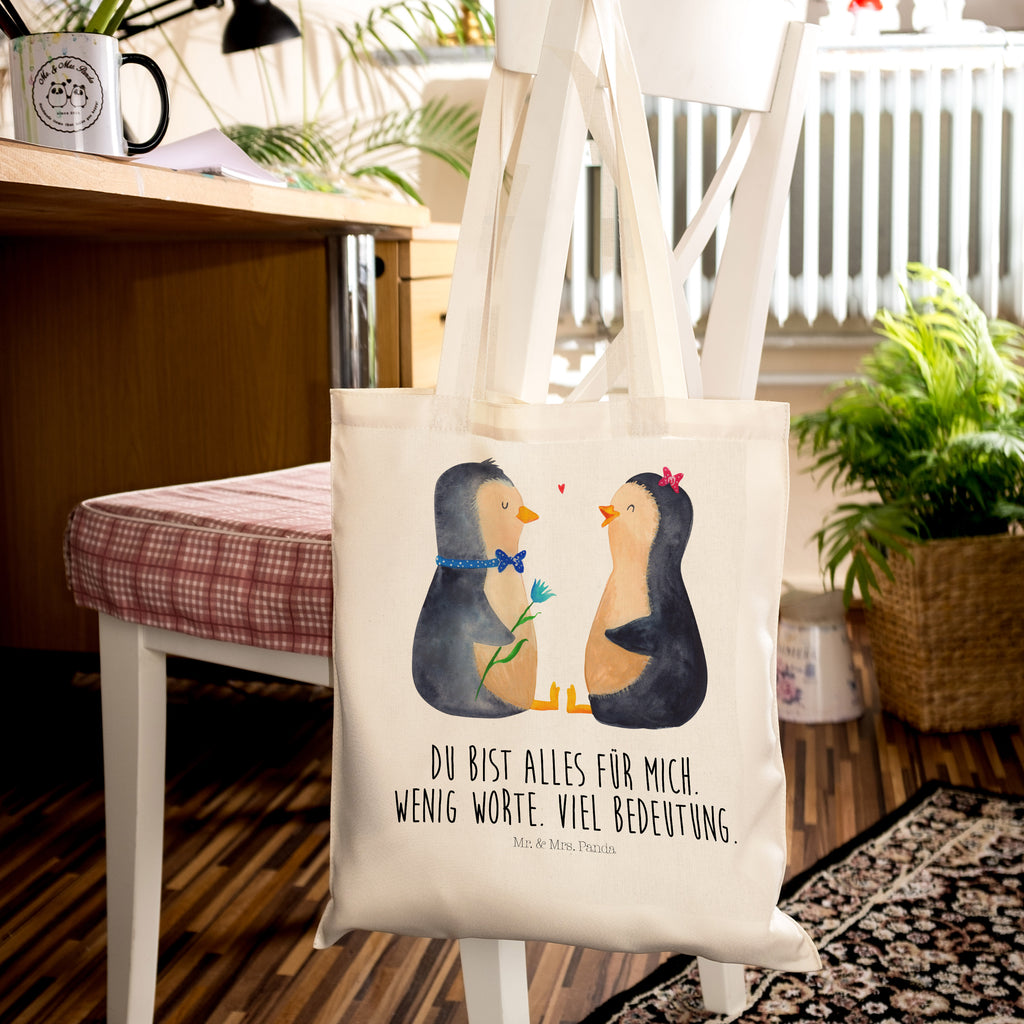 Tragetasche Pinguin Pärchen Beuteltasche, Beutel, Einkaufstasche, Jutebeutel, Stoffbeutel, Pinguin, Pinguine, Liebe, Liebespaar, Liebesbeweis, Liebesgeschenk, Verlobung, Jahrestag, Hochzeitstag, Hochzeit, Hochzeitsgeschenk, große Liebe, Traumpaar