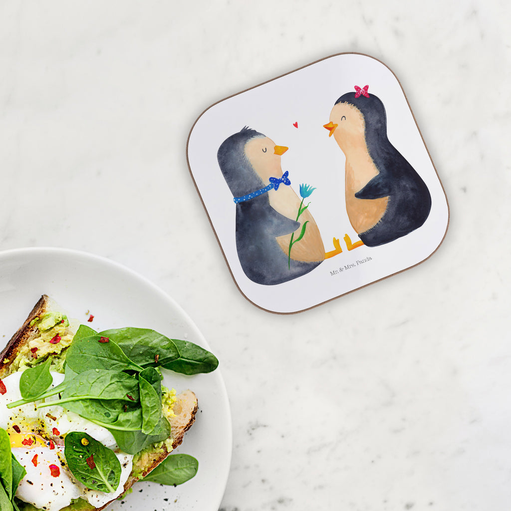 Quadratische Untersetzer Pinguin Pärchen Bierdeckel, Glasuntersetzer, Untersetzer Gläser, Getränkeuntersetzer, Pinguin, Pinguine, Liebe, Liebespaar, Liebesbeweis, Liebesgeschenk, Verlobung, Jahrestag, Hochzeitstag, Hochzeit, Hochzeitsgeschenk, große Liebe, Traumpaar