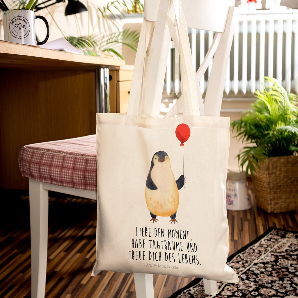 Tragetasche Pinguin Luftballon Beuteltasche, Beutel, Einkaufstasche, Jutebeutel, Stoffbeutel, Pinguin, Pinguine, Luftballon, Tagträume, Lebenslust, Geschenk Freundin, Geschenkidee, beste Freundin, Motivation, Neustart, neues Leben, Liebe, Glück