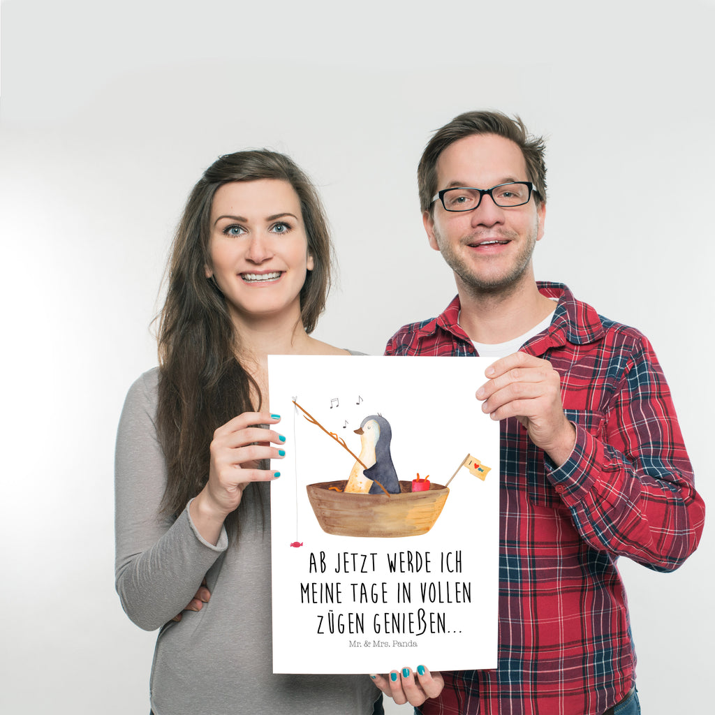 Poster Pinguin Angelboot Poster, Wandposter, Bild, Wanddeko, Küchenposter, Kinderposter, Wanddeko Bild, Raumdekoration, Wanddekoration, Handgemaltes Poster, Mr. & Mrs. Panda Poster, Designposter, Kunstdruck, Posterdruck, Pinguin, Pinguine, Angeln, Boot, Angelboot, Lebenslust, Leben, genießen, Motivation, Neustart, Neuanfang, Trennung, Scheidung, Geschenkidee Liebeskummer