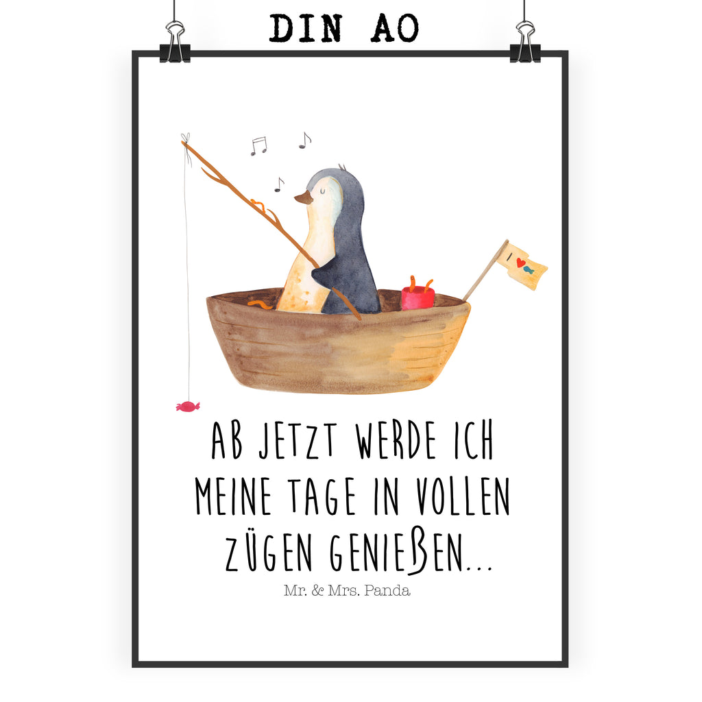 Poster Pinguin Angelboot Poster, Wandposter, Bild, Wanddeko, Küchenposter, Kinderposter, Wanddeko Bild, Raumdekoration, Wanddekoration, Handgemaltes Poster, Mr. & Mrs. Panda Poster, Designposter, Kunstdruck, Posterdruck, Pinguin, Pinguine, Angeln, Boot, Angelboot, Lebenslust, Leben, genießen, Motivation, Neustart, Neuanfang, Trennung, Scheidung, Geschenkidee Liebeskummer
