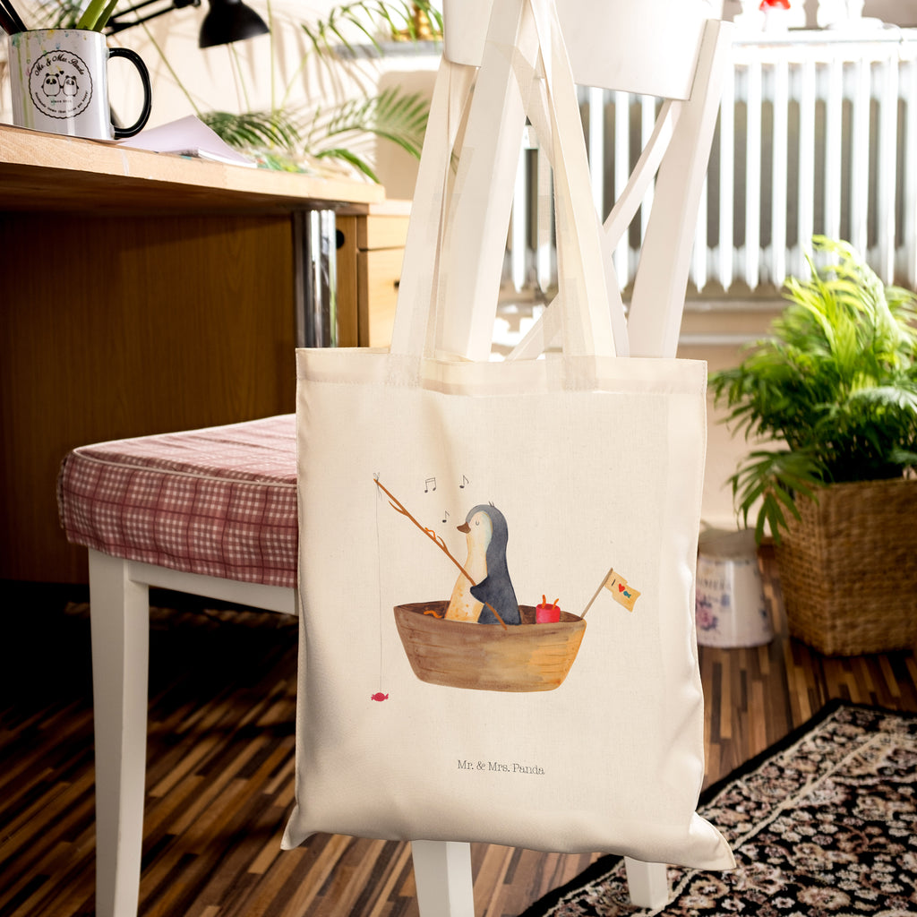 Tragetasche Pinguin Angelboot Beuteltasche, Beutel, Einkaufstasche, Jutebeutel, Stoffbeutel, Pinguin, Pinguine, Angeln, Boot, Angelboot, Lebenslust, Leben, genießen, Motivation, Neustart, Neuanfang, Trennung, Scheidung, Geschenkidee Liebeskummer