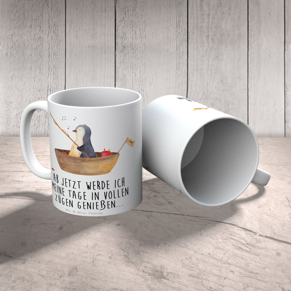 Tasse Pinguin Angelboot Pinguin, Pinguine, Angeln, Boot, Angelboot, Lebenslust, Leben, genießen, Motivation, Neustart, Neuanfang, Trennung, Scheidung, Geschenkidee Liebeskummer,	 Becher, Kaffeetasse, Kaffeebecher, Tee, Frühstück, Büro  Pinguin