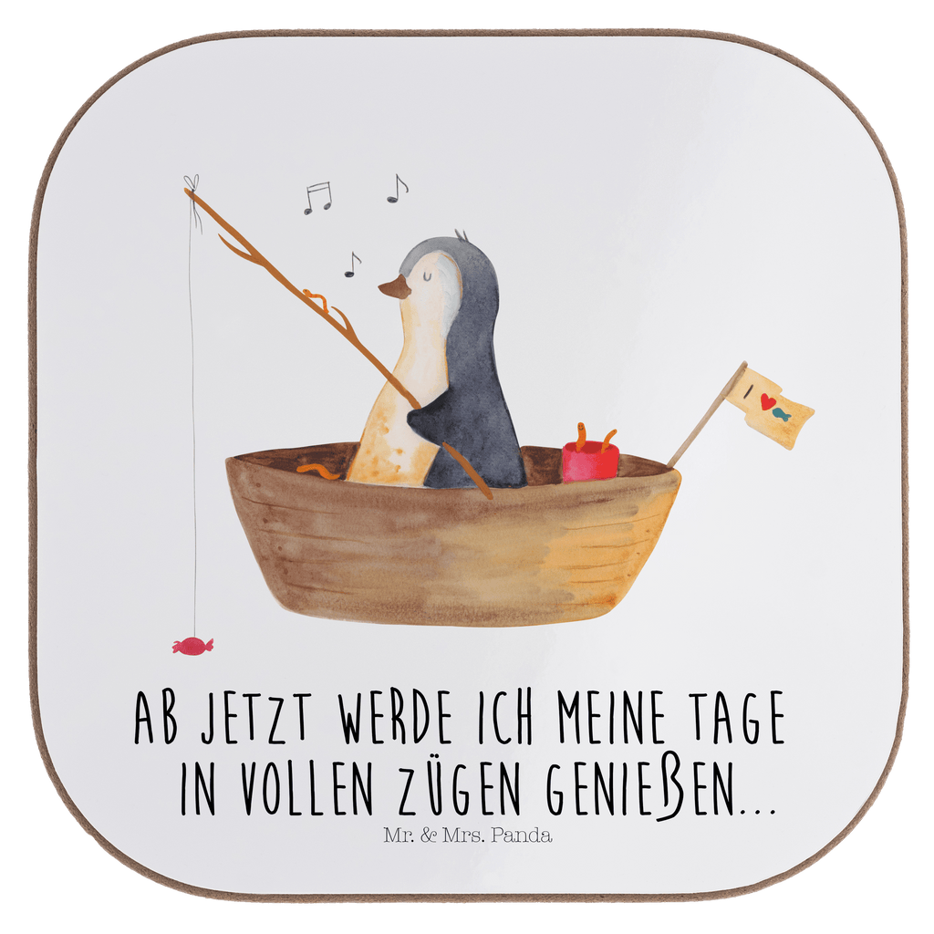 Quadratische Untersetzer Pinguin Angelboot Bierdeckel, Glasuntersetzer, Untersetzer Gläser, Getränkeuntersetzer, Pinguin, Pinguine, Angeln, Boot, Angelboot, Lebenslust, Leben, genießen, Motivation, Neustart, Neuanfang, Trennung, Scheidung, Geschenkidee Liebeskummer
