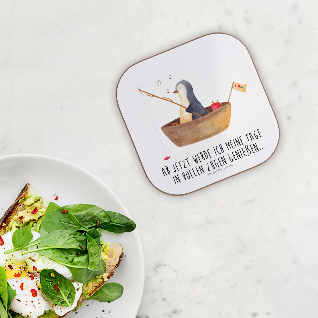 Quadratische Untersetzer Pinguin Angelboot Bierdeckel, Glasuntersetzer, Untersetzer Gläser, Getränkeuntersetzer, Pinguin, Pinguine, Angeln, Boot, Angelboot, Lebenslust, Leben, genießen, Motivation, Neustart, Neuanfang, Trennung, Scheidung, Geschenkidee Liebeskummer