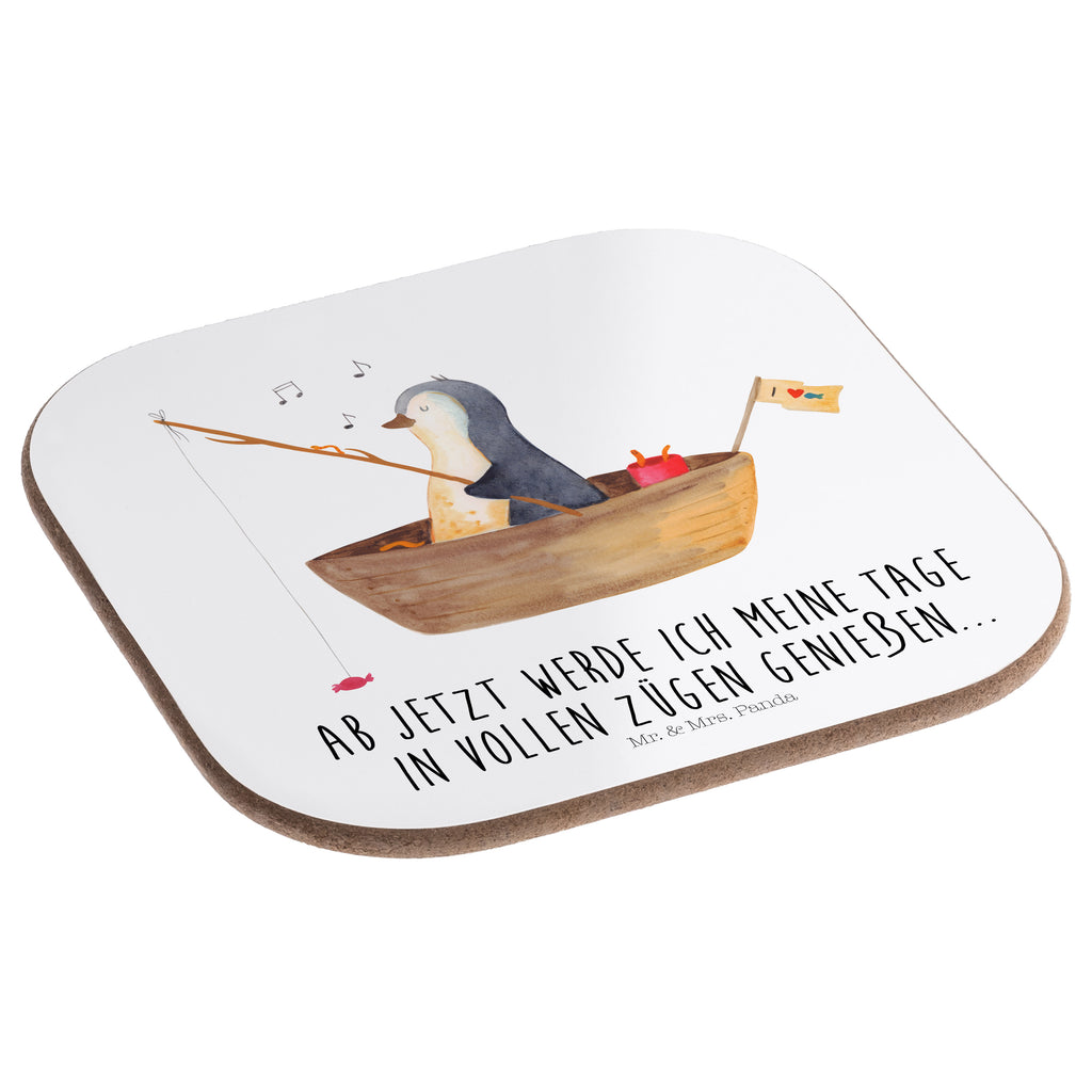Quadratische Untersetzer Pinguin Angelboot Bierdeckel, Glasuntersetzer, Untersetzer Gläser, Getränkeuntersetzer, Pinguin, Pinguine, Angeln, Boot, Angelboot, Lebenslust, Leben, genießen, Motivation, Neustart, Neuanfang, Trennung, Scheidung, Geschenkidee Liebeskummer