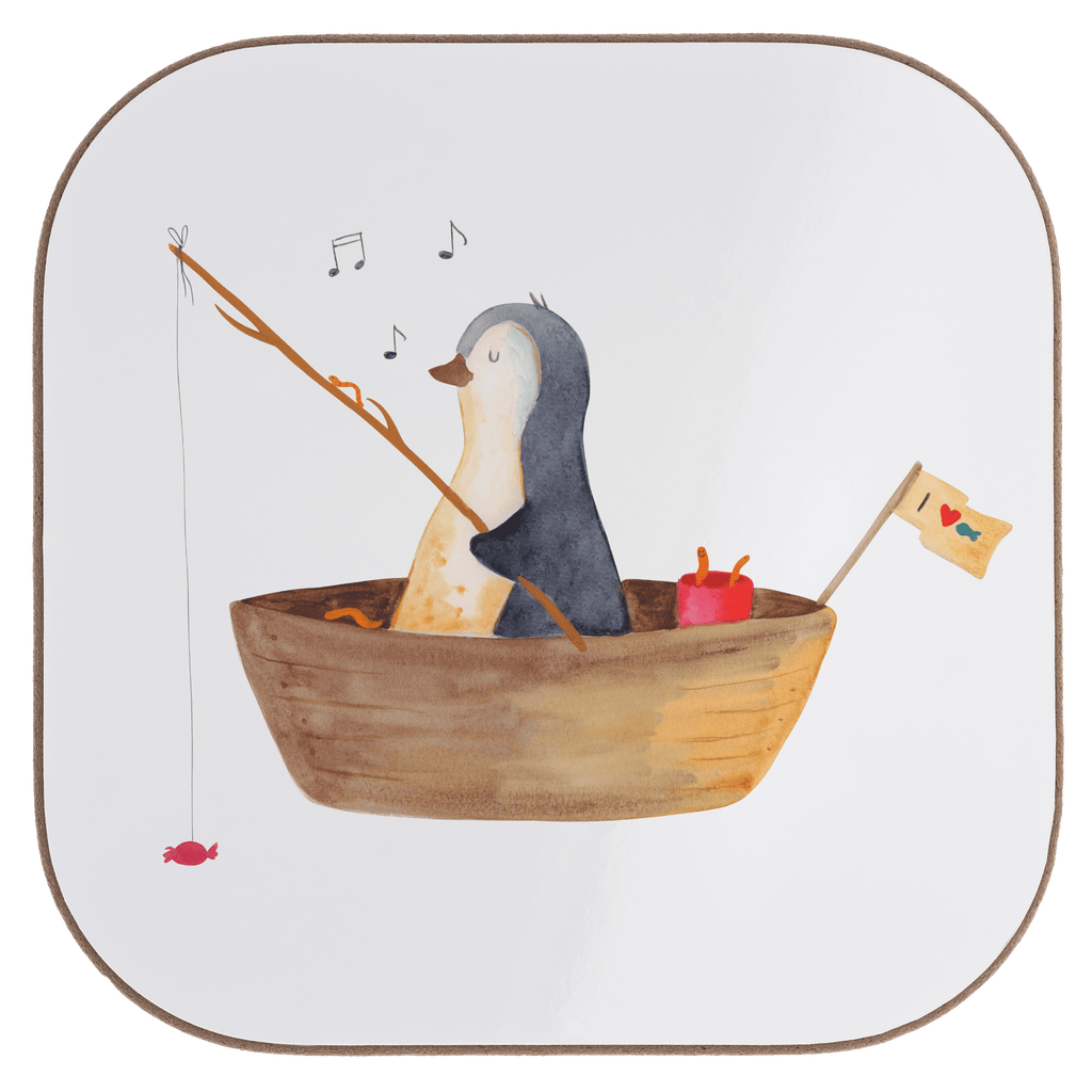 Quadratische Untersetzer Pinguin Angelboot Bierdeckel, Glasuntersetzer, Untersetzer Gläser, Getränkeuntersetzer, Pinguin, Pinguine, Angeln, Boot, Angelboot, Lebenslust, Leben, genießen, Motivation, Neustart, Neuanfang, Trennung, Scheidung, Geschenkidee Liebeskummer