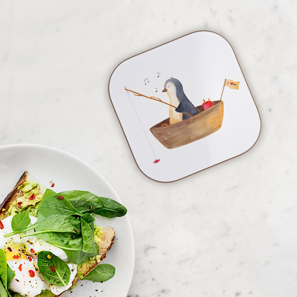 Quadratische Untersetzer Pinguin Angelboot Bierdeckel, Glasuntersetzer, Untersetzer Gläser, Getränkeuntersetzer, Pinguin, Pinguine, Angeln, Boot, Angelboot, Lebenslust, Leben, genießen, Motivation, Neustart, Neuanfang, Trennung, Scheidung, Geschenkidee Liebeskummer