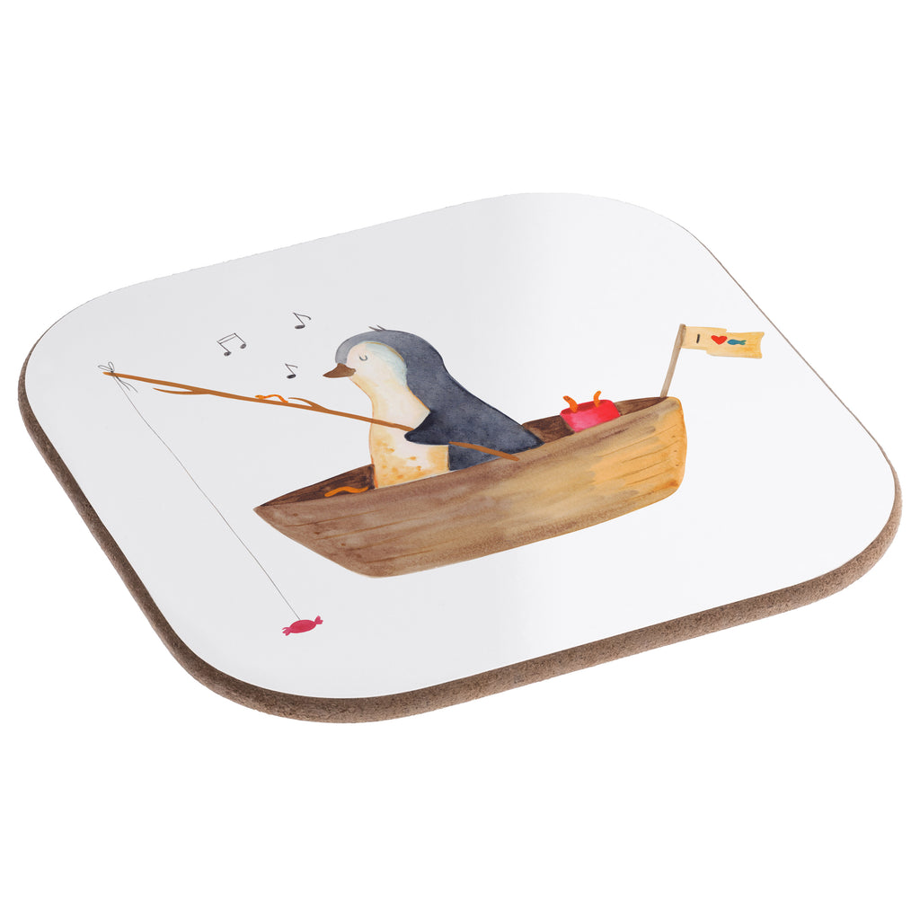Quadratische Untersetzer Pinguin Angelboot Bierdeckel, Glasuntersetzer, Untersetzer Gläser, Getränkeuntersetzer, Pinguin, Pinguine, Angeln, Boot, Angelboot, Lebenslust, Leben, genießen, Motivation, Neustart, Neuanfang, Trennung, Scheidung, Geschenkidee Liebeskummer