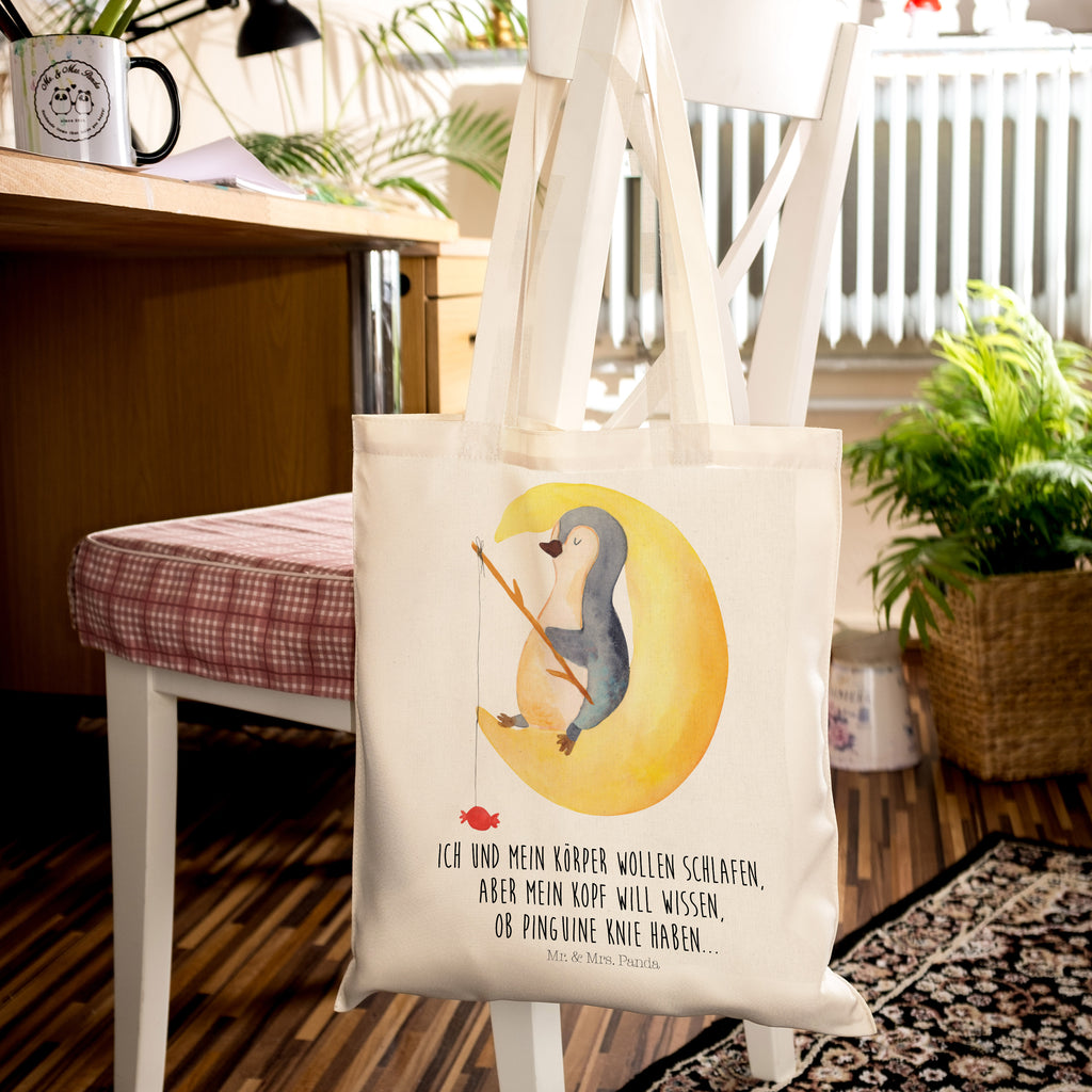 Tragetasche Pinguin Mond Beuteltasche, Beutel, Einkaufstasche, Jutebeutel, Stoffbeutel, Pinguin, Pinguine, Spruch, schlafen, Nachtruhe, Einschlafen, Schlafzimmer, Schlafstörungen, Gästezimmer