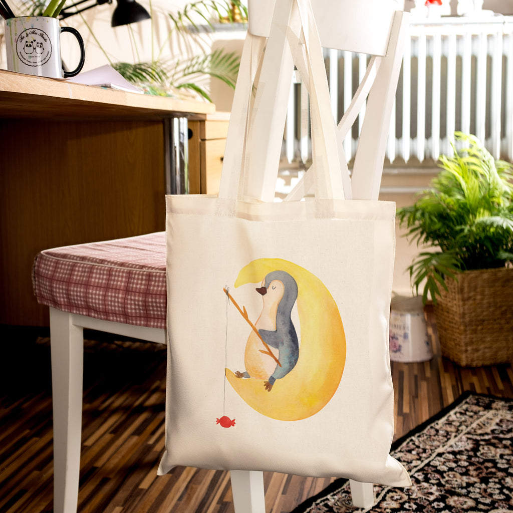 Tragetasche Pinguin Mond Beuteltasche, Beutel, Einkaufstasche, Jutebeutel, Stoffbeutel, Pinguin, Pinguine, Spruch, schlafen, Nachtruhe, Einschlafen, Schlafzimmer, Schlafstörungen, Gästezimmer