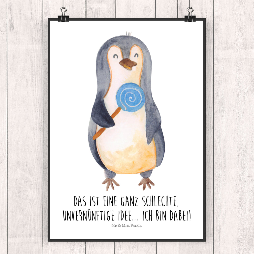 Poster Pinguin Lolli Poster, Wandposter, Bild, Wanddeko, Küchenposter, Kinderposter, Wanddeko Bild, Raumdekoration, Wanddekoration, Handgemaltes Poster, Mr. & Mrs. Panda Poster, Designposter, Kunstdruck, Posterdruck, Pinguin, Pinguine, Lolli, Süßigkeiten, Blödsinn, Spruch, Rebell, Gauner, Ganove, Rabauke