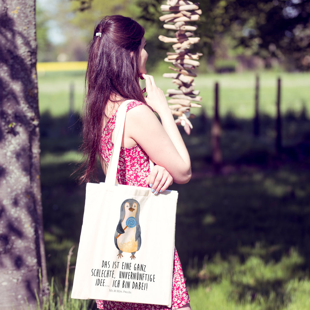 Tragetasche Pinguin Lolli Beuteltasche, Beutel, Einkaufstasche, Jutebeutel, Stoffbeutel, Pinguin, Pinguine, Lolli, Süßigkeiten, Blödsinn, Spruch, Rebell, Gauner, Ganove, Rabauke