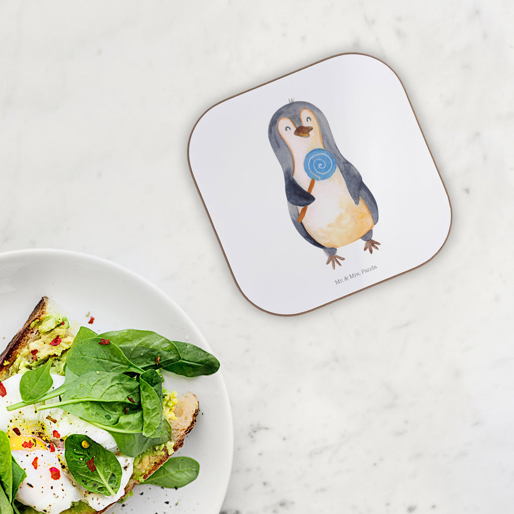 Quadratische Untersetzer Pinguin Lolli Bierdeckel, Glasuntersetzer, Untersetzer Gläser, Getränkeuntersetzer, Pinguin, Pinguine, Lolli, Süßigkeiten, Blödsinn, Spruch, Rebell, Gauner, Ganove, Rabauke