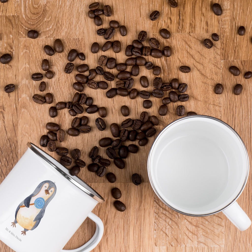Camping Emaille Tasse Pinguin Lolli Campingtasse, Trinkbecher, Metalltasse, Outdoor Tasse, Emaille Trinkbecher, Blechtasse Outdoor, Emaille Campingbecher, Edelstahl Trinkbecher, Metalltasse für Camping, Kaffee Blechtasse, Camping Tasse Metall, Pinguin, Pinguine, Lolli, Süßigkeiten, Blödsinn, Spruch, Rebell, Gauner, Ganove, Rabauke