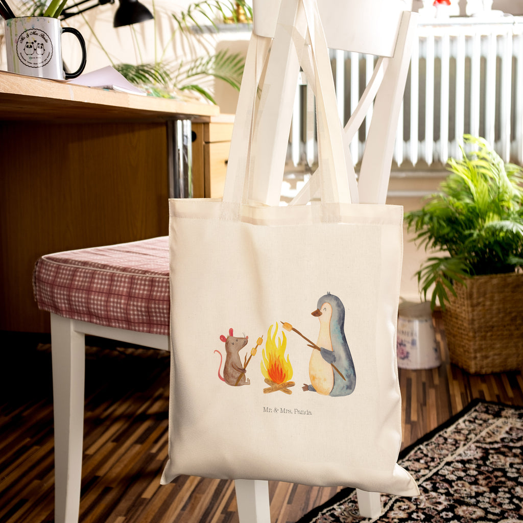 Tragetasche Pinguin Lagerfeuer Beuteltasche, Beutel, Einkaufstasche, Jutebeutel, Stoffbeutel, Pinguin, Maus, Pinguine, Lagerfeuer, Leben, Arbeit, Job, Motivation, Büro, Büroalltag, Lebensspruch, Lebensmotivation, Neustart, Liebe, grillen, Feuer, Marshmallows