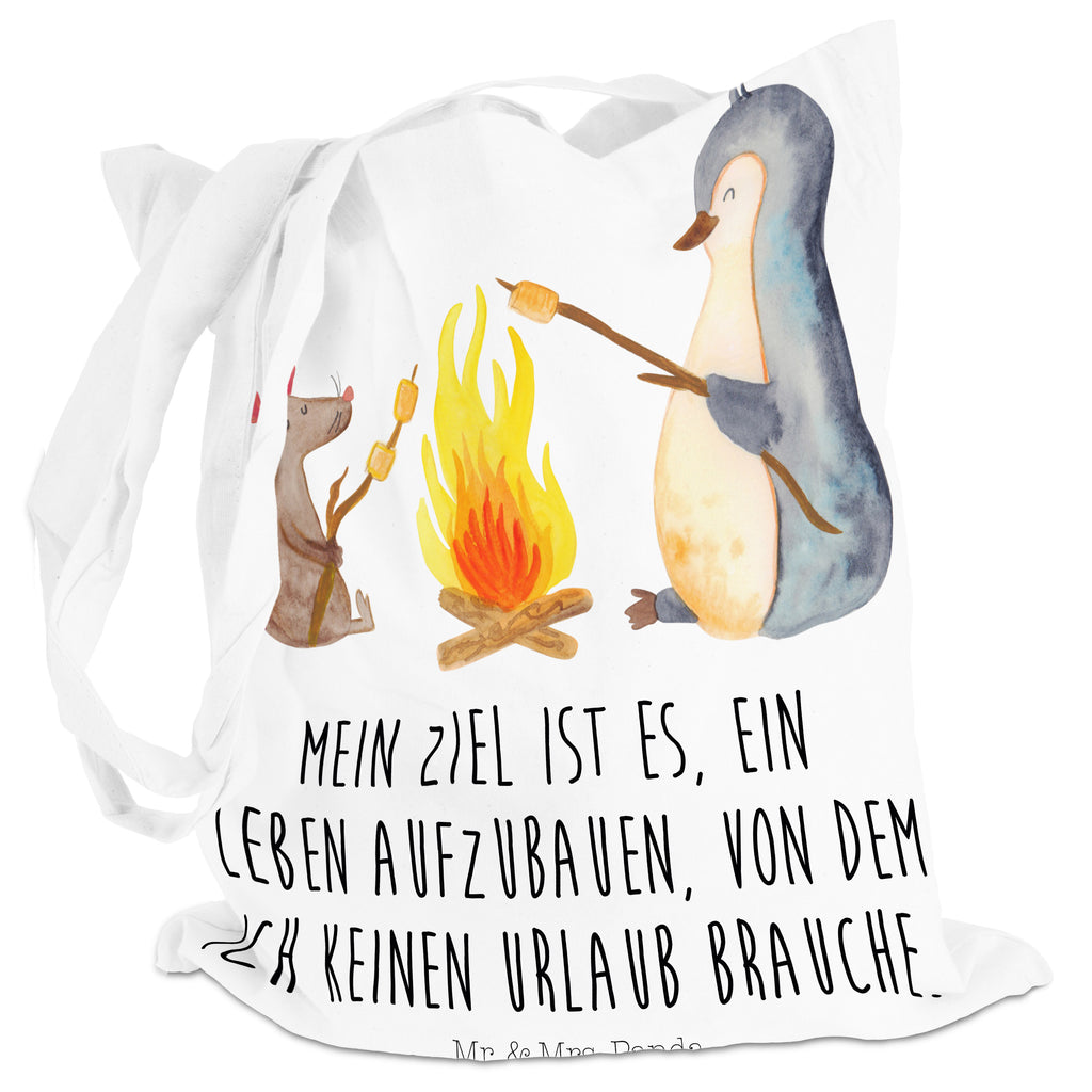 Tragetasche Pinguin Lagerfeuer Beuteltasche, Beutel, Einkaufstasche, Jutebeutel, Stoffbeutel, Pinguin, Maus, Pinguine, Lagerfeuer, Leben, Arbeit, Job, Motivation, Büro, Büroalltag, Lebensspruch, Lebensmotivation, Neustart, Liebe, grillen, Feuer, Marshmallows